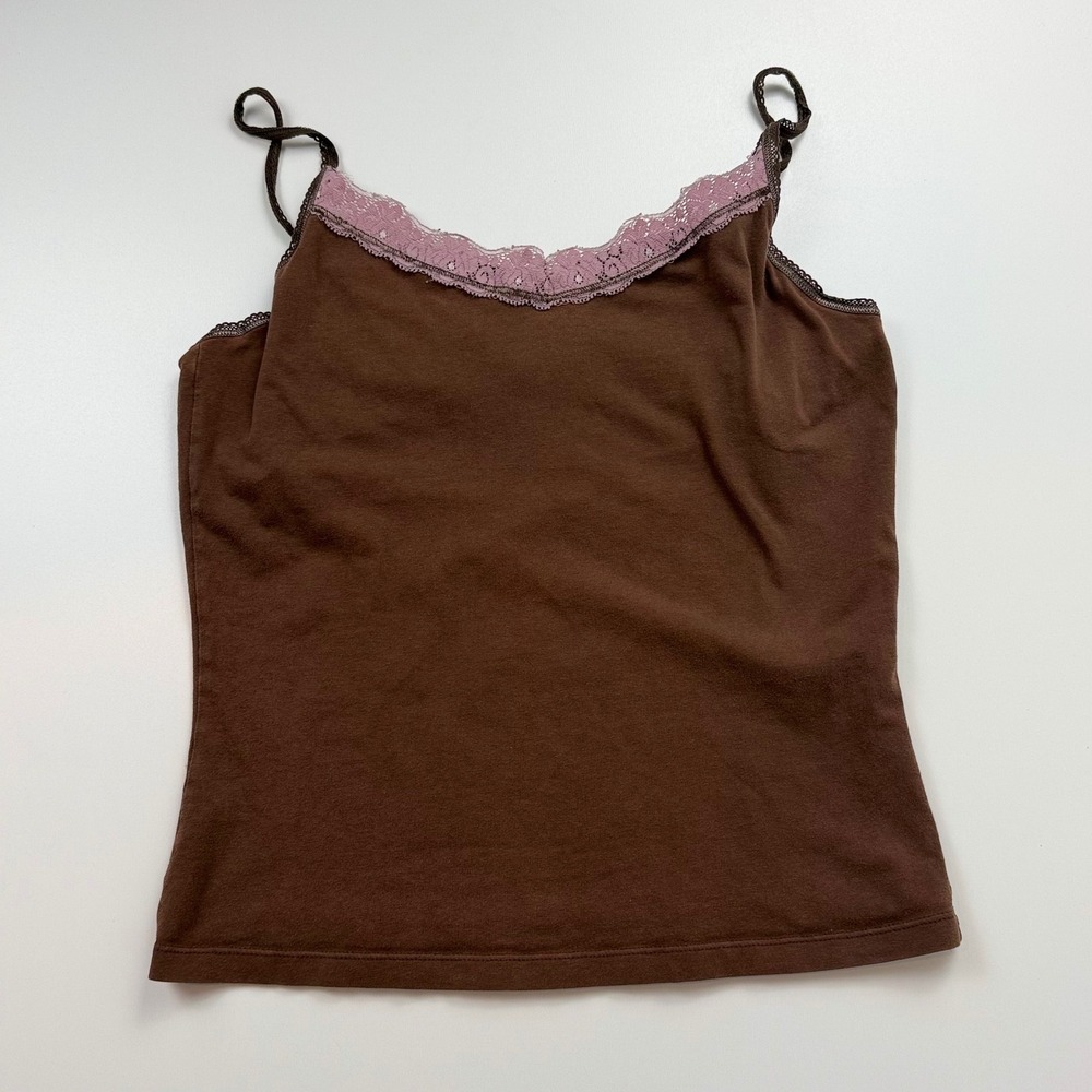 Lilu Brown Pink Y2K Lace Trim Camisole Spaghetti Strap Tank Top Large Cotton